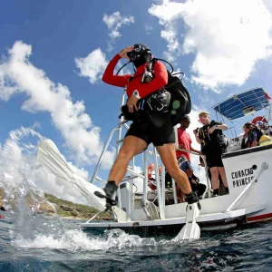 A diver in full gear steps off the boat for a TWO TANK AM BOAT DIVING trip as others watch from the sunlit, partly cloudy deck with the shoreline visible in the distance.