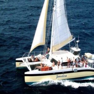 During the Klein Curacao Adventure, a white-and-yellow catamaran sails across deep blue waters as guests relax on deck and enjoy sunny skies—the perfect way to experience a true Curacao adventure.