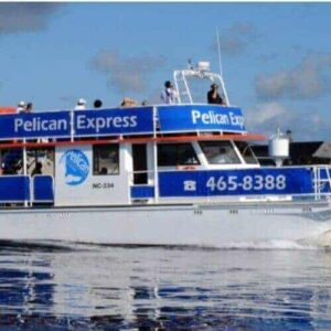 A white and blue ferry, Pelican Express, offers the Guided Snorkel Tour on calm waters. The ferry displays 465-8388, with several people onboard and colorful waterfront buildings under a cloudy sky in the background.
