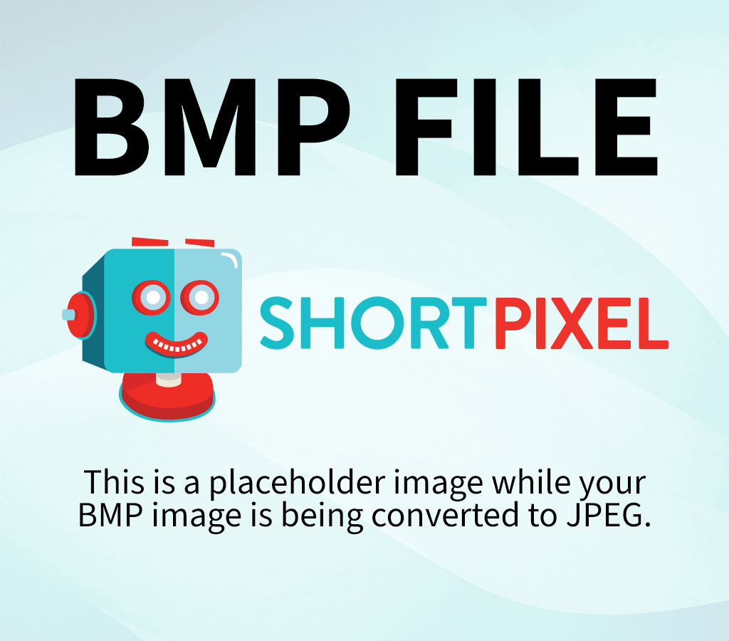 A graphic with bold text BMP FILE at the top, a smiling blue Curacao-inspired robot illustration on the left, and the words SHORTPIXEL to the right. Below, smaller text reads: This is a placeholder image while your BMP image is being converted to JPEG.