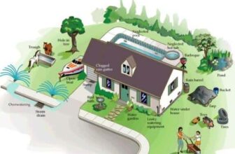 Illustration of a house and yard in Curacao with labeled sources of standing water: clogged rain gutter, overwatering garden, open boat, bird bath, leaky hose, toys, tarp, bucket, rain barrel, and more.