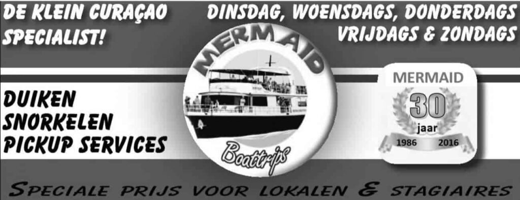 A black-and-white banner for "A trip to Paradise! Klein Curacao" advertises boat trips, diving, snorkeling, pickups, a “speciale prijs voor lokalen & stagiaires”, days available, and a 30-year (1986–2016) anniversary badge.