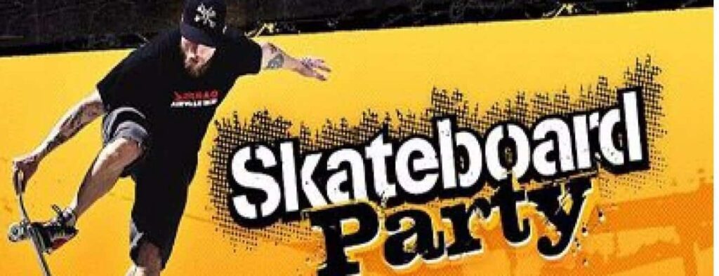Een bebaarde man in een zwart shirt en pet voert een skateboardtruc uit op een felgele achtergrond voor de Verjaardag Skate Party, met vette distressed "Skate Party" tekst en zwarte verfspetters voor een energieke vibe.