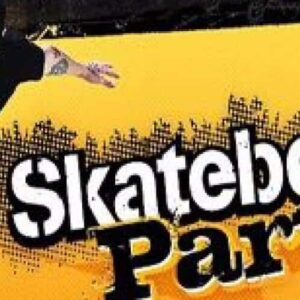 A bearded man in a black shirt and cap performs a skateboard trick against a yellow background with bold graffiti text: Birthday Skate Party. The dynamic pose and vivid colors give the design an energetic, urban feel.