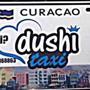 Taxi to Boca Tabla sign: “Need a Taxi? dushi taxi” with WhatsApp number, Facebook icon, colorful buildings below, Curacao flag and blue sky above. Includes business logos and info for Taxi to Boca Tabla service.