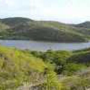 A Camping scene unfolds with green, rolling hills centered around a small lake. The lush spring or summer vegetation and clear sky are complemented by background hills, partially covered in shrubs and trees.