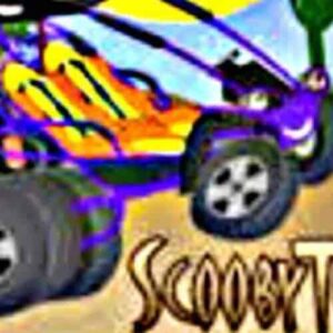 A cartoon-style purple and yellow dune buggy with large tires drives across a sandy desert with cacti and hills. "East Buggy Tour!" appears at the bottom in bold, Scooby-Doo-inspired lettering.