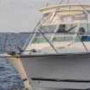 A white boat with a covered cockpit floats on the calm blue ocean during a Half day Big Game Fishing trip. Two people are aboard, and several fishing rods are mounted at the back, under a cloudy sky.