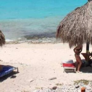 Dos sombrillas de playa con techo de paja dan sombra a las personas en las tumbonas junto a las cristalinas aguas turquesas de Klein Curaçao, enmarcadas por plantas verdes: una pintoresca escena perfecta para su Viaje a Klein Curaçao.
