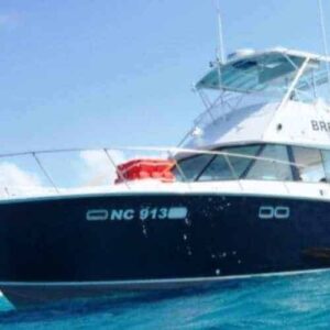A large blue and white motorboat named BREEZE is anchored near the shore under a sunny sky, ideal for the Korsou Discovery Deluxe Boot tour. Palm-lined tropical land and a bright orange life ring are visible on board in clear blue water.