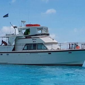 Op Miramar Reis Klein Curaçao ligt een wit motorjacht voor anker in helderblauw water bij een zandeiland met schaars groen en een rieten hut; onder de heldere hemel drijft een boei vlakbij die rust en sereniteit uitstraalt.