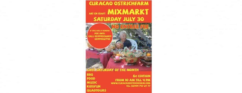 A vibrant poster for Ostrich Farm Mix Market! shows a smiling man behind a table of colorful crafts and fruit baskets. Event info: Sat July 30, 10AM–4PM, free entry, BBQ, food, music, kids fun, gladiators, plus contact details displayed.