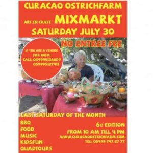 A vibrant poster for Ostrich Farm Mix Market! shows a smiling man behind a table of colorful crafts and fruit baskets. Event info: Sat July 30, 10AM–4PM, free entry, BBQ, food, music, kids fun, gladiators, plus contact details displayed.