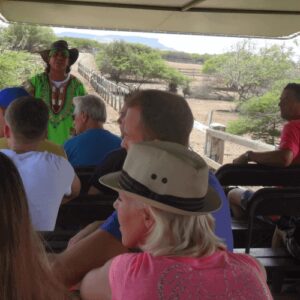 Tourists enjoy a Safari Tour at Ostrich farm in an open-air vehicle with a guide, traveling through dry, bushy terrain under a canopy roof. Many passengers wear hats and summer clothes as they explore the landscape.