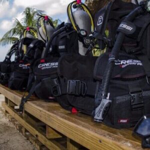 Black buoyancy control devices with regulators and masks are lined up on a bench under a thatched hut, surrounded by palm trees and ocean views, ready for the next PADI Dive Master Course.