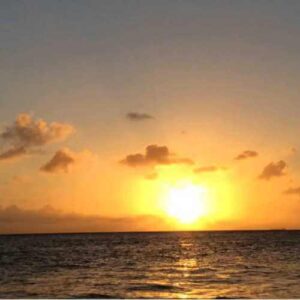 Experience the Relaxing Sun Set Trip: Watch a vibrant orange and yellow sun sink low over the ocean, as gentle waves ripple in the foreground and scattered clouds reflect warm light, creating a tranquil evening scene.