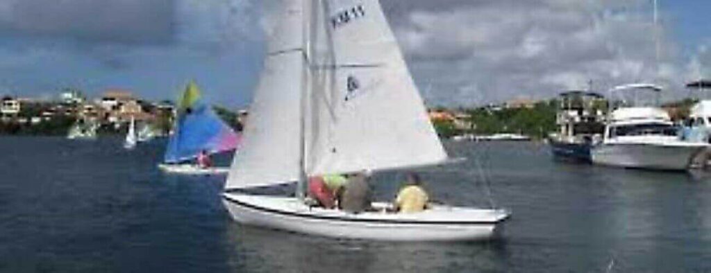 A Sailing course one person dinghy glides with two sailors across calm water. Colorful dinghies and yachts are in the background, with houses and greenery lining the shore under a partly cloudy sky.