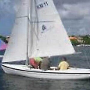 A Sailing course one person dinghy glides with two sailors across calm water. Colorful dinghies and yachts are in the background, with houses and greenery lining the shore under a partly cloudy sky.