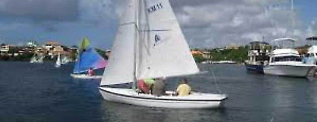 The Sailing course open keelboat, a small white boat for two, glides on calm water with colorful boats and yachts nearby and waterfront houses under partly cloudy skies, creating an ideal setting for relaxed sailing.