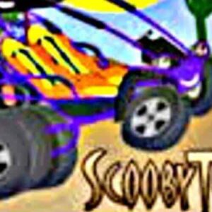 A vibrant dune buggy with yellow and purple patterns races across a desert with cacti. "Scoobys Adventure Night" appears in stylized letters at the bottom of the image.