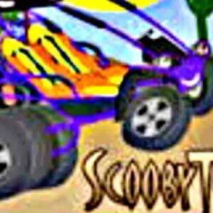 A cartoon dune buggy with yellow and purple patterns sits in a desert with cacti and hills, while "Scoobys Aquatic Adventure" is displayed in large, stylized font at the bottom right.