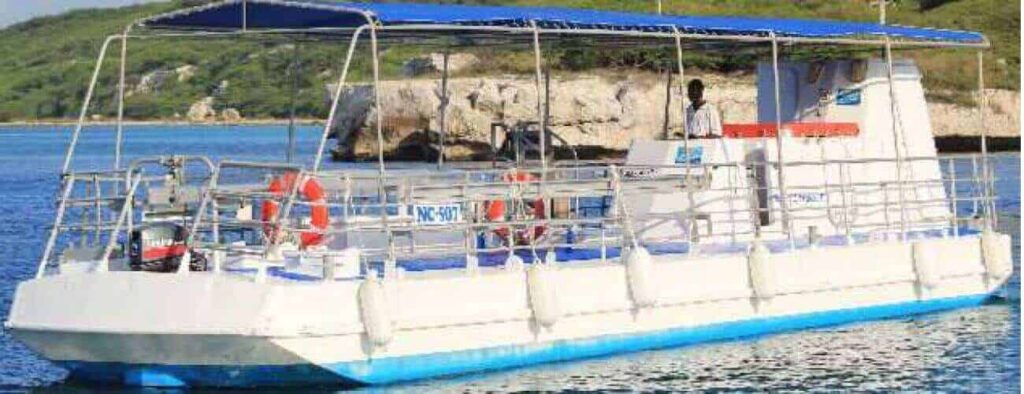 A white and blue Semi Submarine with a canopy roof floats on calm water near a rocky, green shoreline. It features railings, a lifebuoy, outboard motor, and control console as someone stands at the helm.
