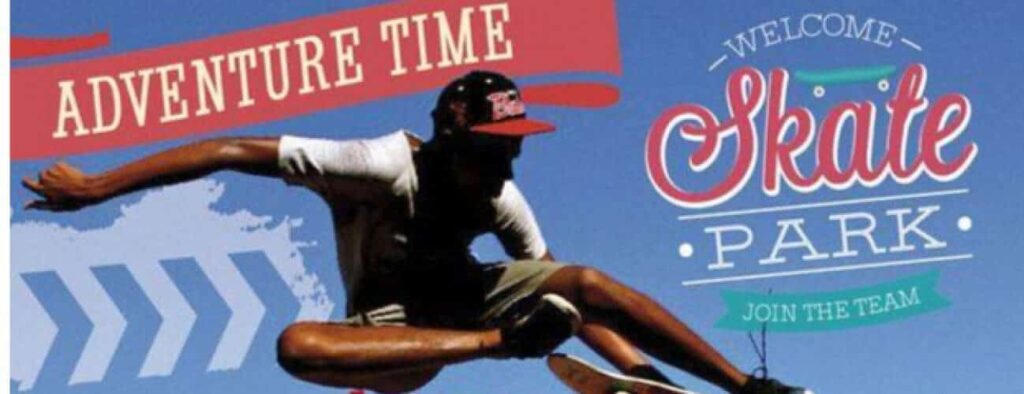 A skateboarder soars mid-air under a blue sky. Bold, colorful text reads: "Skate Lessons by Welcome Skate Park – Adventure Time! Join the Team." Decorative arrows and banners highlight the action.