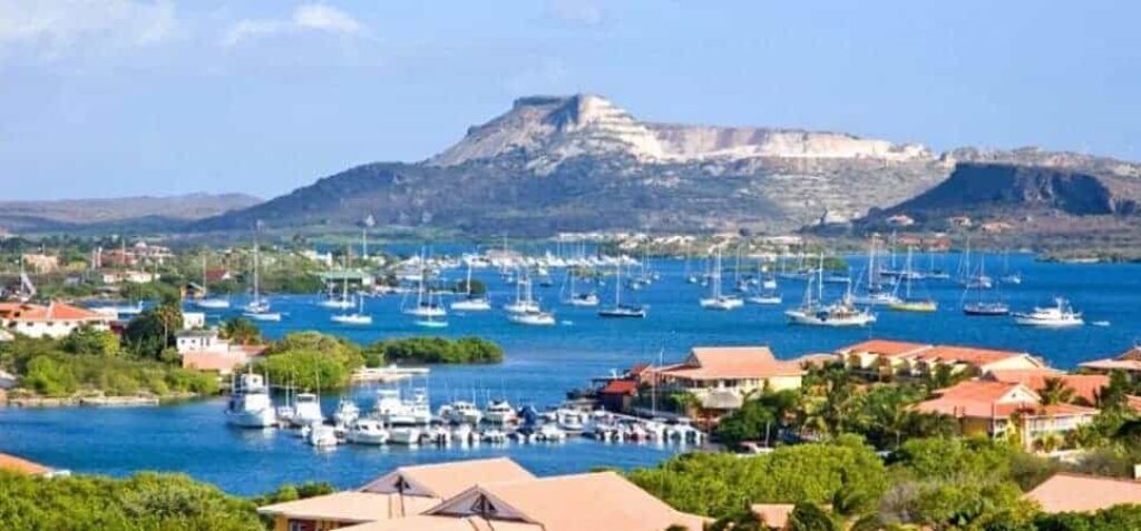 Enjoy the Spanish water Tour: cruise a scenic blue bay dotted with sailboats and yachts, framed by lush greenery, red-roofed buildings, and a flat-topped mountain beneath a clear sky.