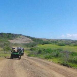On The Hangover Buggy Trip, a small off-road vehicle with several passengers drives along a winding dirt road through green hills beneath a blue sky, passing low bushes and grass. A red post marks the roadside.