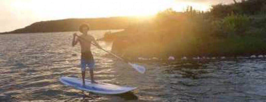 As the sun sets, a person paddles on calm water near a grassy shore, capturing the serene spirit of The Search For The Hidden Island—gentle ripples hint at adventure and discovery just beyond the glowing horizon.