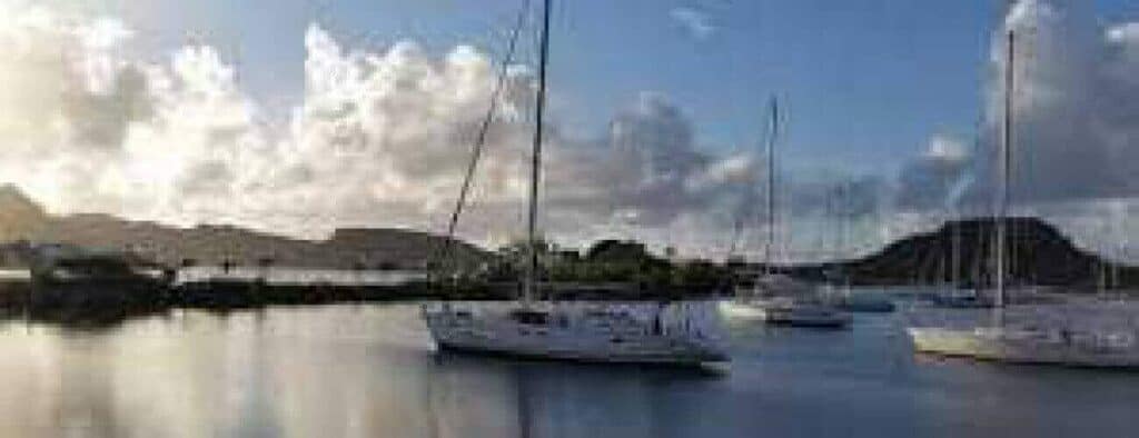 Experience tranquility on the VIP Sunset tour as elegant white sailboats glide across calm water beneath a bright sky with scattered clouds. Low green hills and distant mountains create a scenic harbor, while sunlight reflects off the serene surface.