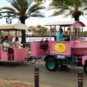 The Willemstad Trolley Train Tour features a vibrant purple and pink train providing a scenic ride along the palm-lined waterfront, where passengers in white-roofed cars enjoy city, water, and sky views.