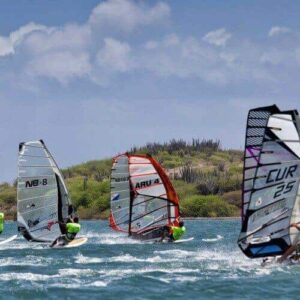 A group of windsurfers in neon green shirts, likely taking Windsurfing Lessons, race across choppy blue water with numbered sails against a sandy shore lined with green bushes and a partly cloudy sky.