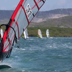 A windsurfer in a bright green shirt glides swiftly on blue water, creating a spray. Others enjoy Windsurfing Rental nearby under a sunny sky, with green hills and mountains in the distance.