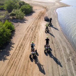 A group of five in helmets enjoys a sunny guided offroad tour on electric stand up quads, riding along a sandy beach near the water with greenery on one side and visible tire tracks in the sand, seen from above.
