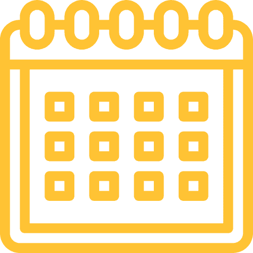 Yellow outline icon of a calendar with a spiral top and a grid representing days, set against a light background—perfect for marking dates of featured products.