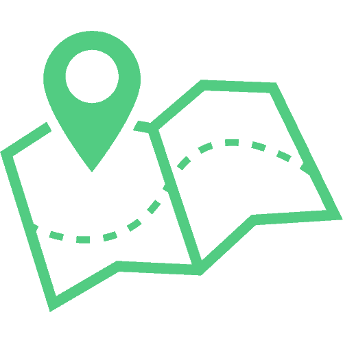 A green icon of a folded map with a dashed route line and a large location pin marks featured products on the map. The background is light gray.